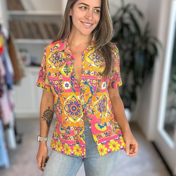 Vintage 60s Pykettes Psychedelic Top Button Up Large - Picture 5 of 8